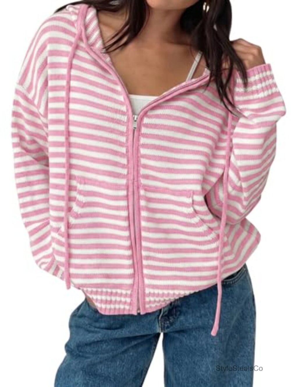 Oversized Striped Zip Up Hoodie Cardigan Crop Sweater Jacket Drop Shoulder